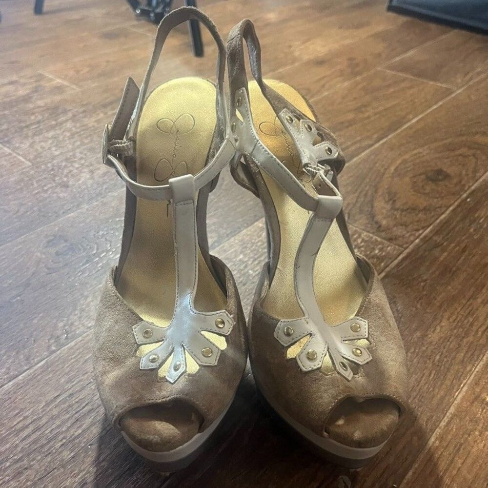 Jessica Simpson Taupe Suede T-Strap Platform Peep Toe Heels Womens Size 7